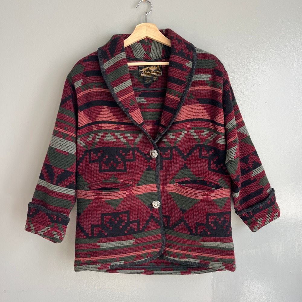 Eddie Bauer Cardigan Jacket PS Red Aztec Navajo Wool Blend Vintage Oversized